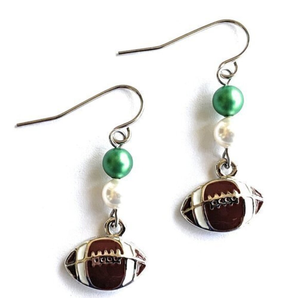 Football Earrings Green White Team Colors Womens Sports Jewelry Gifts Handmade